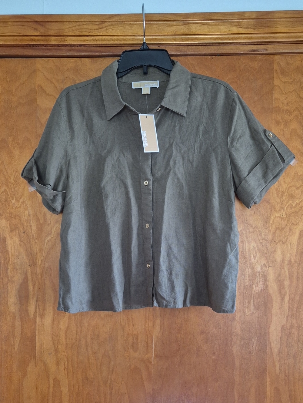 MICHAEL Michael Kors Women’s Linen Blend Button-Down Shirt - Safari Green,size M